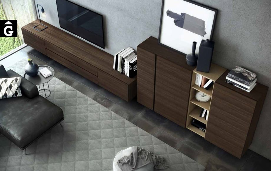Composició moble Tv + aparador + petita llibreria Area mobles Ciurans per mobles Gifreu programa modular disseny atemporal realitzat amb materials i ferratges de qualitat estil modern minimal