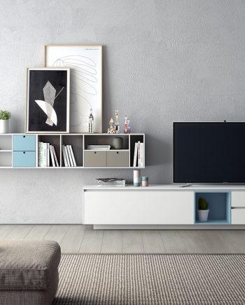 Moble Area Tv laca mate blanca, blava i sorra | Programa de mobiliari Area | mobles Ciurans | mobles Gifreu