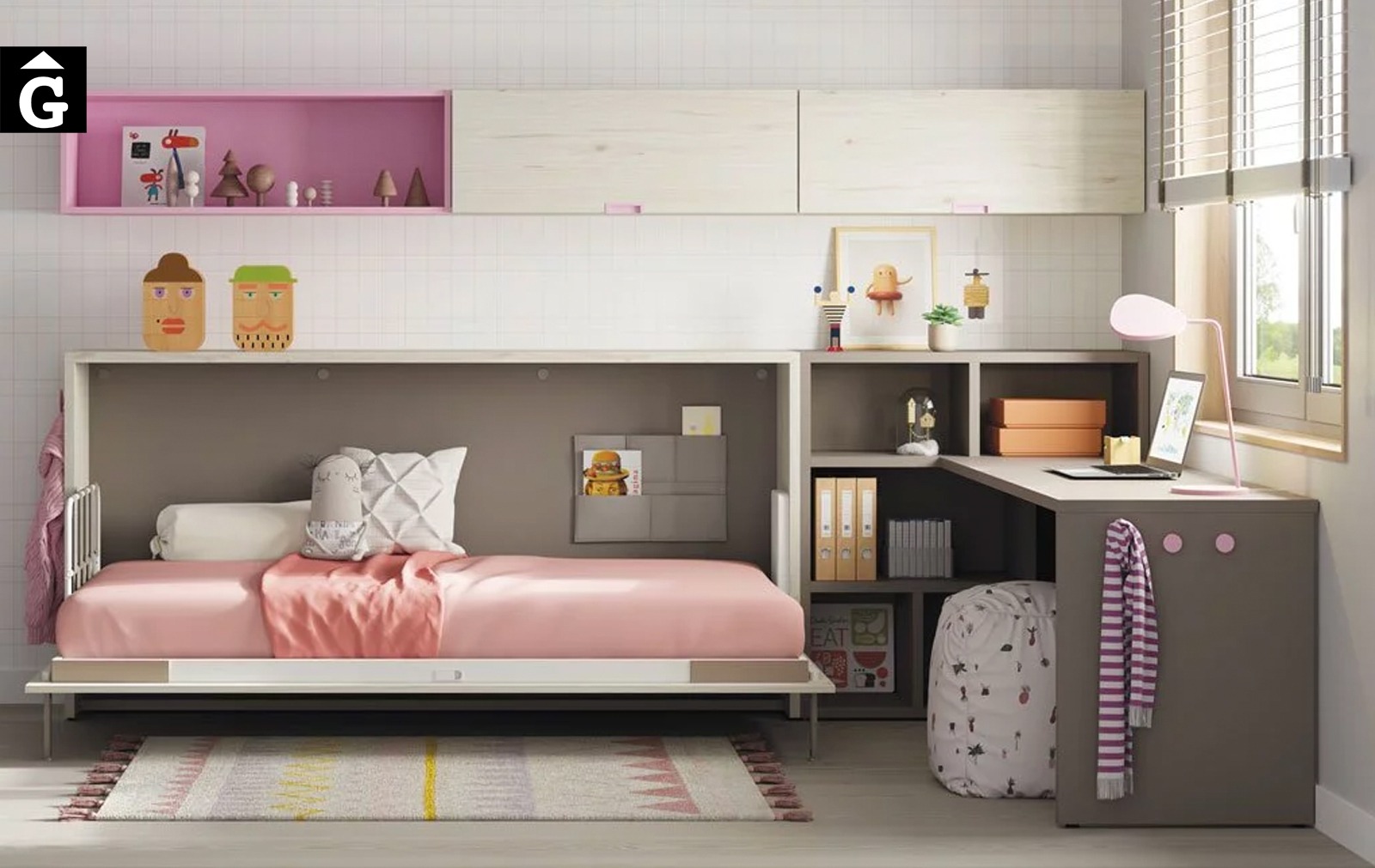 habitació juvenil amb llit abatible horitzontal Pink | Up & Down | llits abatibles | Pràctics, saludables i segurs | Jotajotape | mobles Gifreu