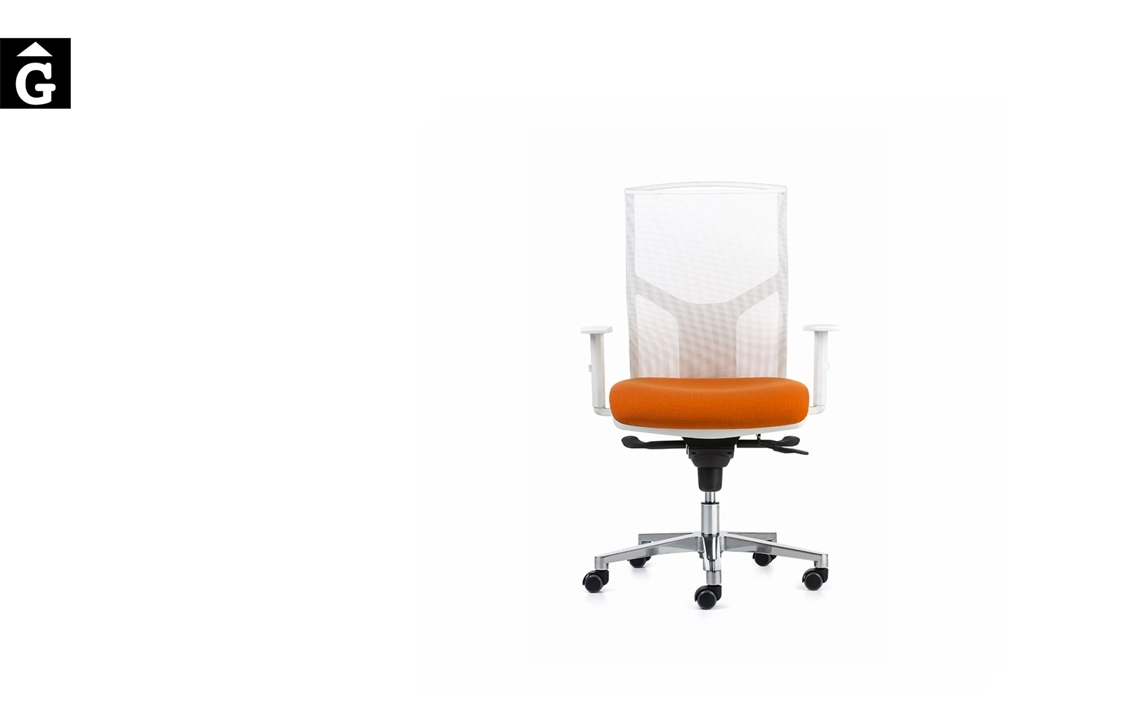 Cadira despatx Akita Pro | Blanc i taronja | Vista frontal Dile | mobiliari d’oficina molt interessant | Dileoffice | mobles Gifreu | botiga | Contract | Mobles nous oficina