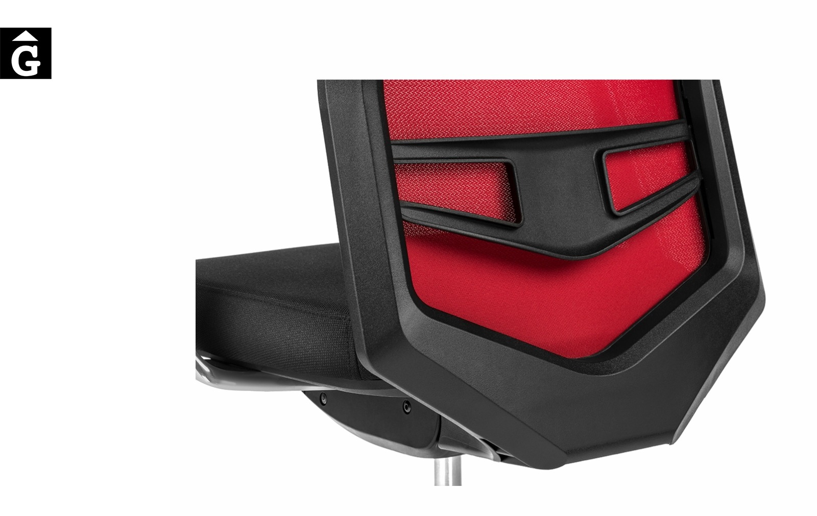 Cadira oficina Equis crom i vermella | Detall respatller | Dile | mobiliari d’oficina molt interessant | mobles Gifreu | botiga | Contract | Mobles nous oficina