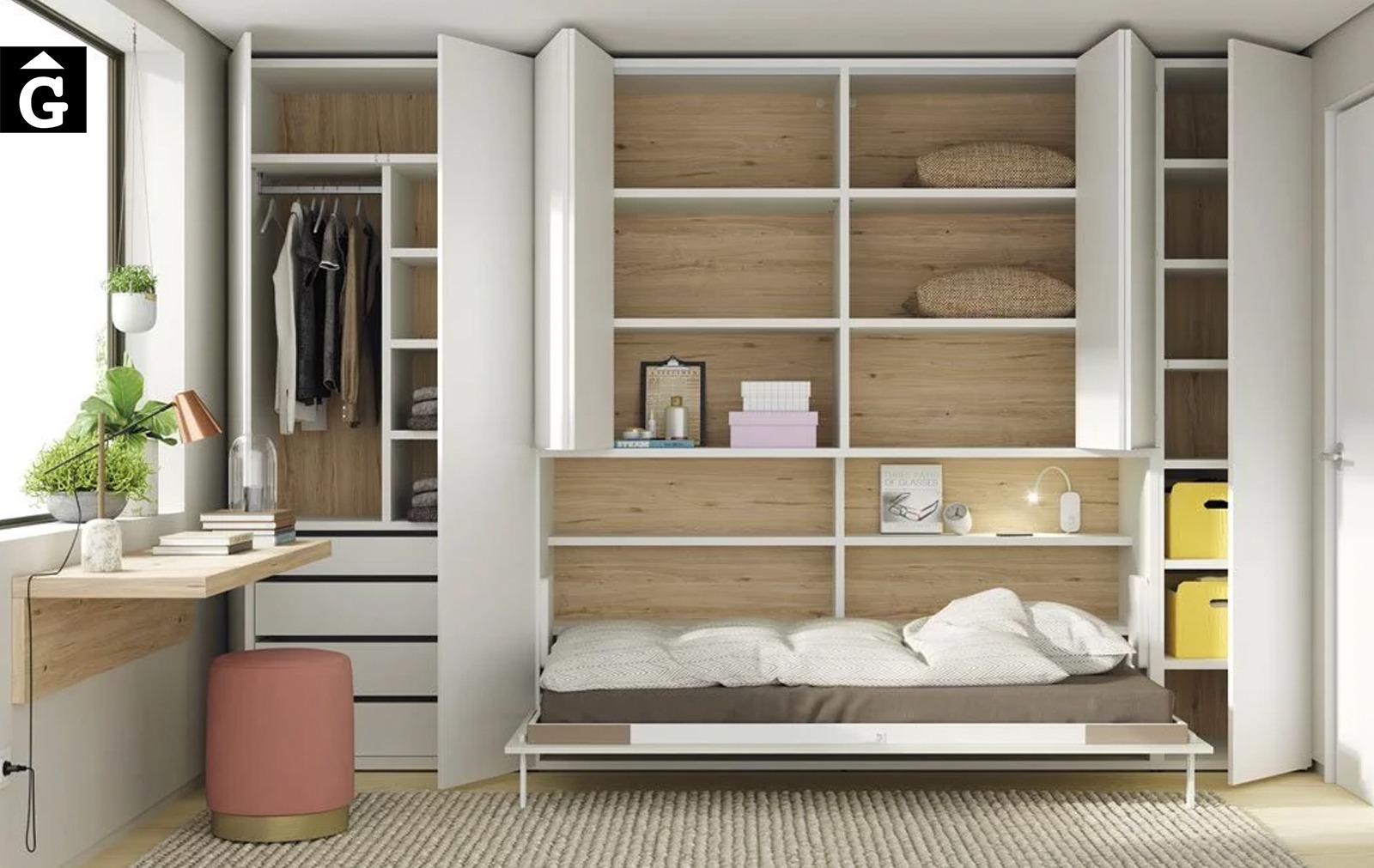 Habitació estudi amb armari llit abatible | Interior armari vist | Up & Down | llits abatibles | Pràctics, saludables i segurs | Jotajotape | mobles Gifreu