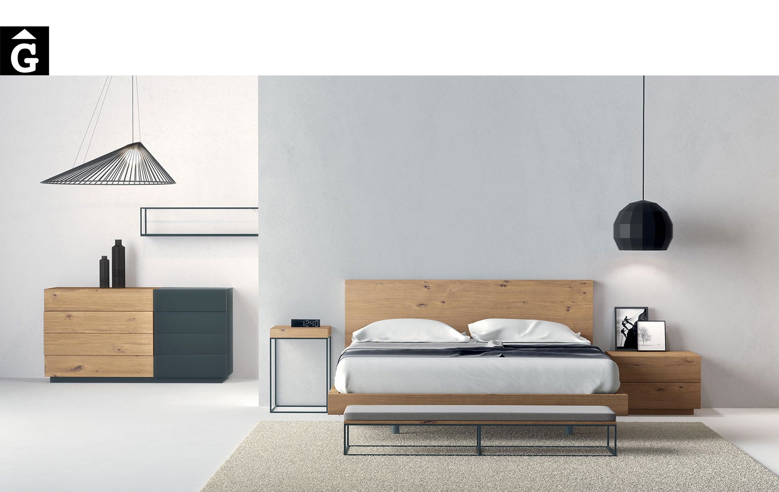 Habitació llit gran capçal pla xapa roure natural | Besform mobles Gifreu | Mobles de qualitat i a mida | Girona