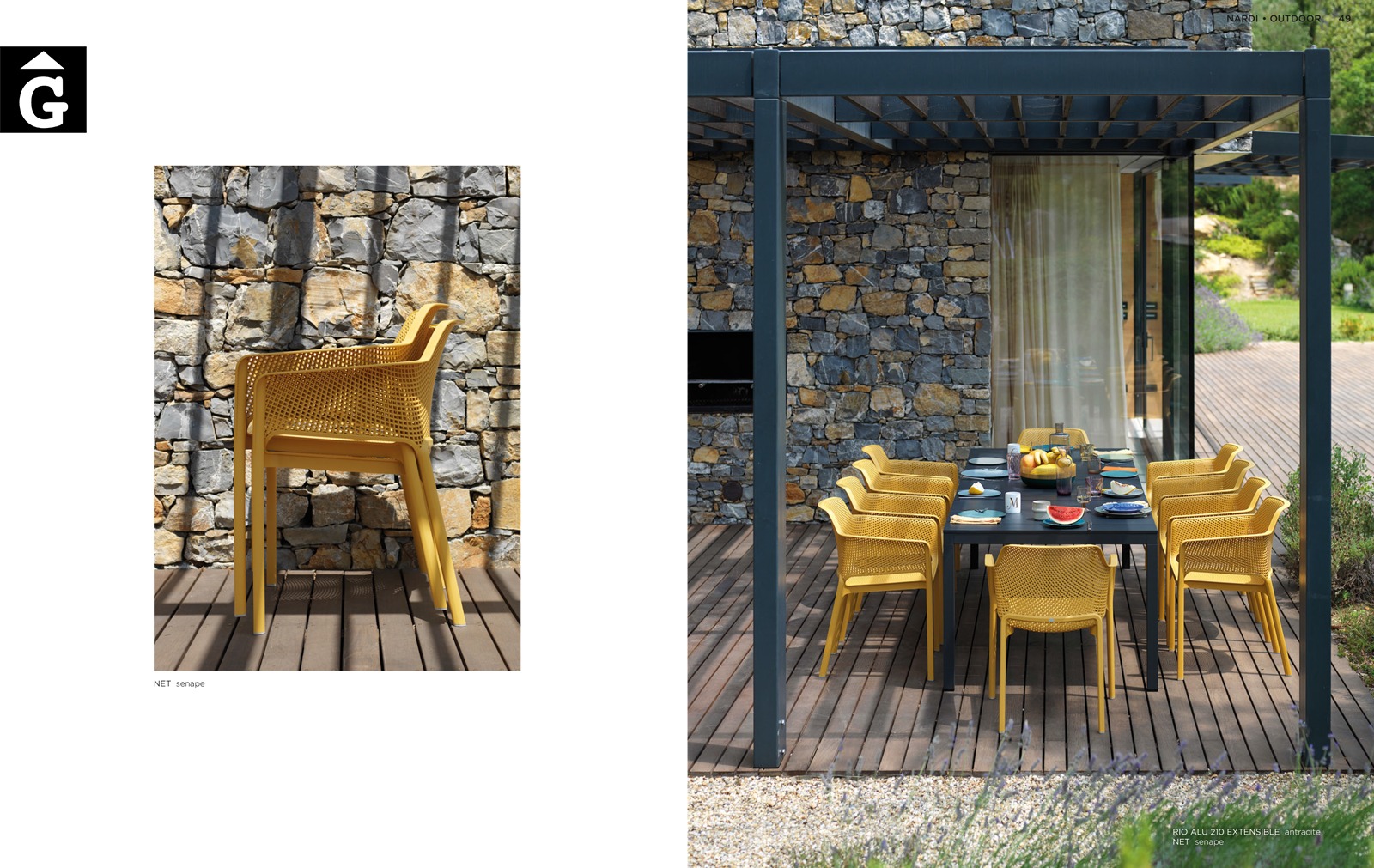 Taula Rio Alu i cadira Net Senape | Vista lateral | Nardi | mobiliari d’exterior amb disseny i a preus perfectes
