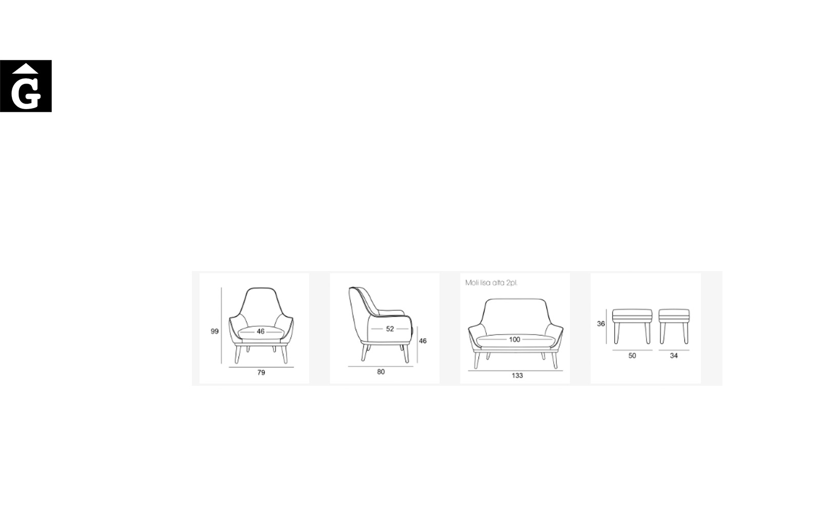 Butaca amb pouff Moli lisa Alta | Fitxa tècnica | Reyes Ordoñez Sofas disseny i qualitat alta distribuïdor oficial mobles Gifreu