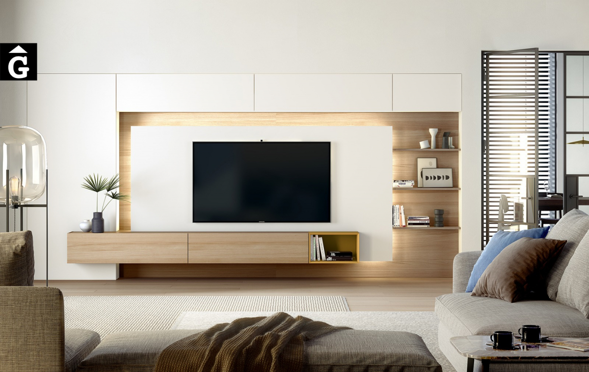 Moble Tv blanc amb panel llum led ambient Area mobles Ciurans per mobles Gifreu programa modular disseny atemporal realitzat amb materials i ferratges de qualitat estil modern minimalista