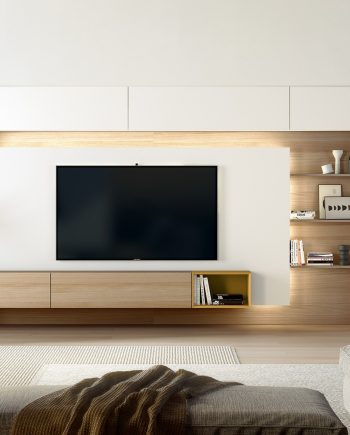 Moble Tv blanc amb panel llum led ambient Area mobles Ciurans per mobles Gifreu programa modular disseny atemporal realitzat amb materials i ferratges de qualitat estil modern minimalista
