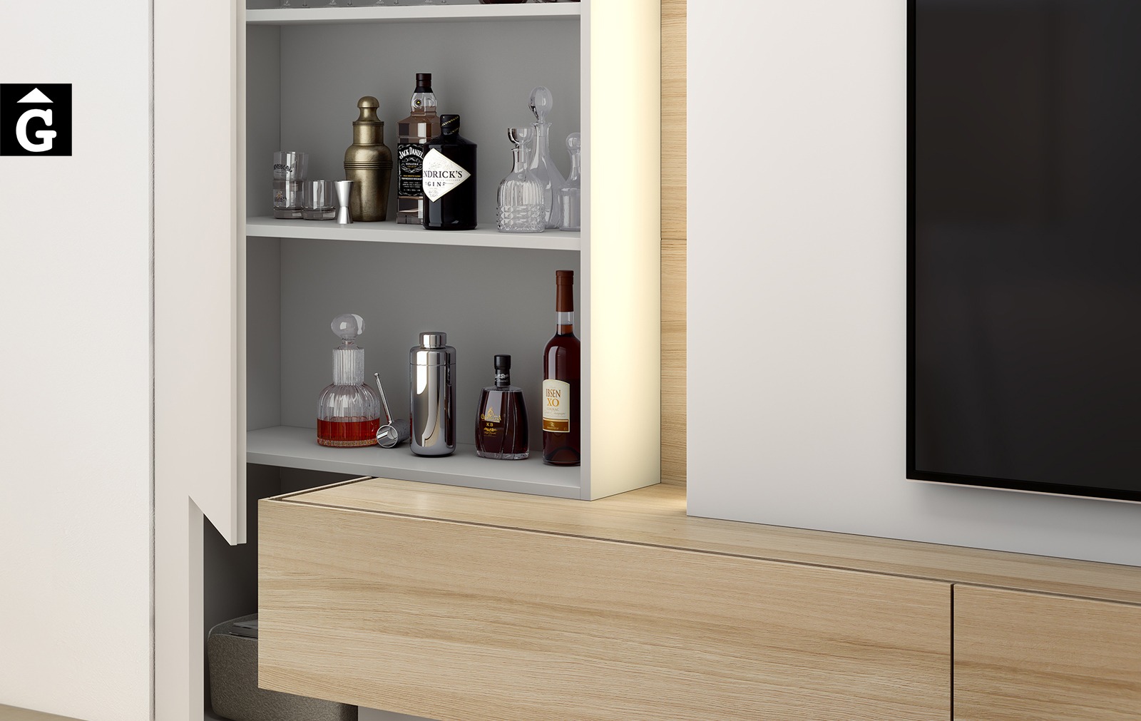 Moble Tv blanc amb panel llum led ambientdetall porta batent disseny atemporal realitzat amb materials qualitat estil modern minimalista