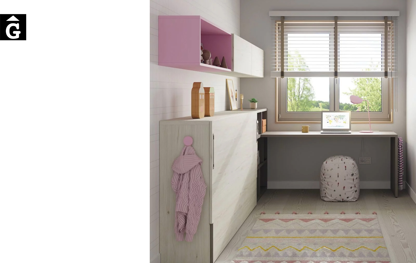 Habitació juvenil amb llit abatible horitzontal Pink | detall llit off | Up & Down | llits abatibles | Pràctics, saludables i segurs | Jotajotape | mobles Gifreu