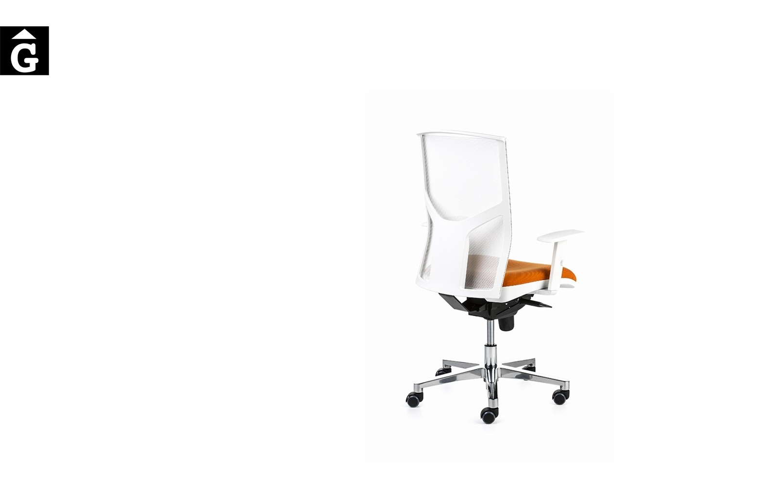 Cadira despatx Akita Pro | Blanc i taronja | Vista darrera | Dile | mobiliari d’oficina molt interessant | Dileoffice | mobles Gifreu | botiga | Contract | Mobles nous oficina