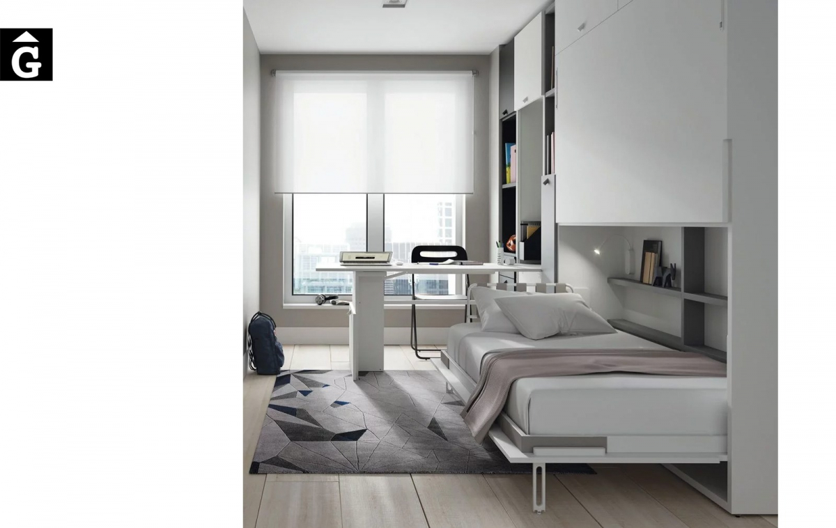 Habitació amb llitera i escriptori Up & Down | Detall escriptori i llit inferior obert | llits abatibles | Pràctics, saludables i segurs | Jotajotape | mobles Gifreu