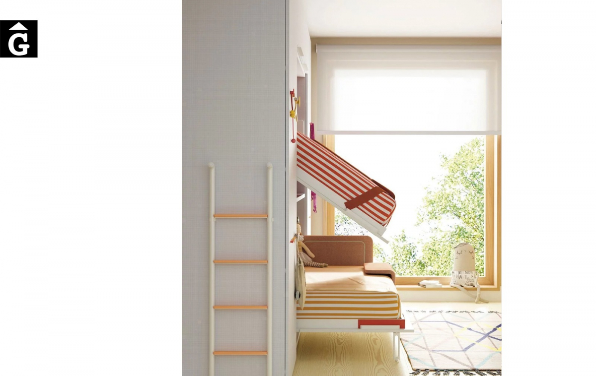 Habitació juvenil amb llitera abatible oberta | detall inclinació llit superior de perfil | Up & Down | llits abatibles | Pràctics, saludables i segurs | Jotajotape | mobles Gifreu