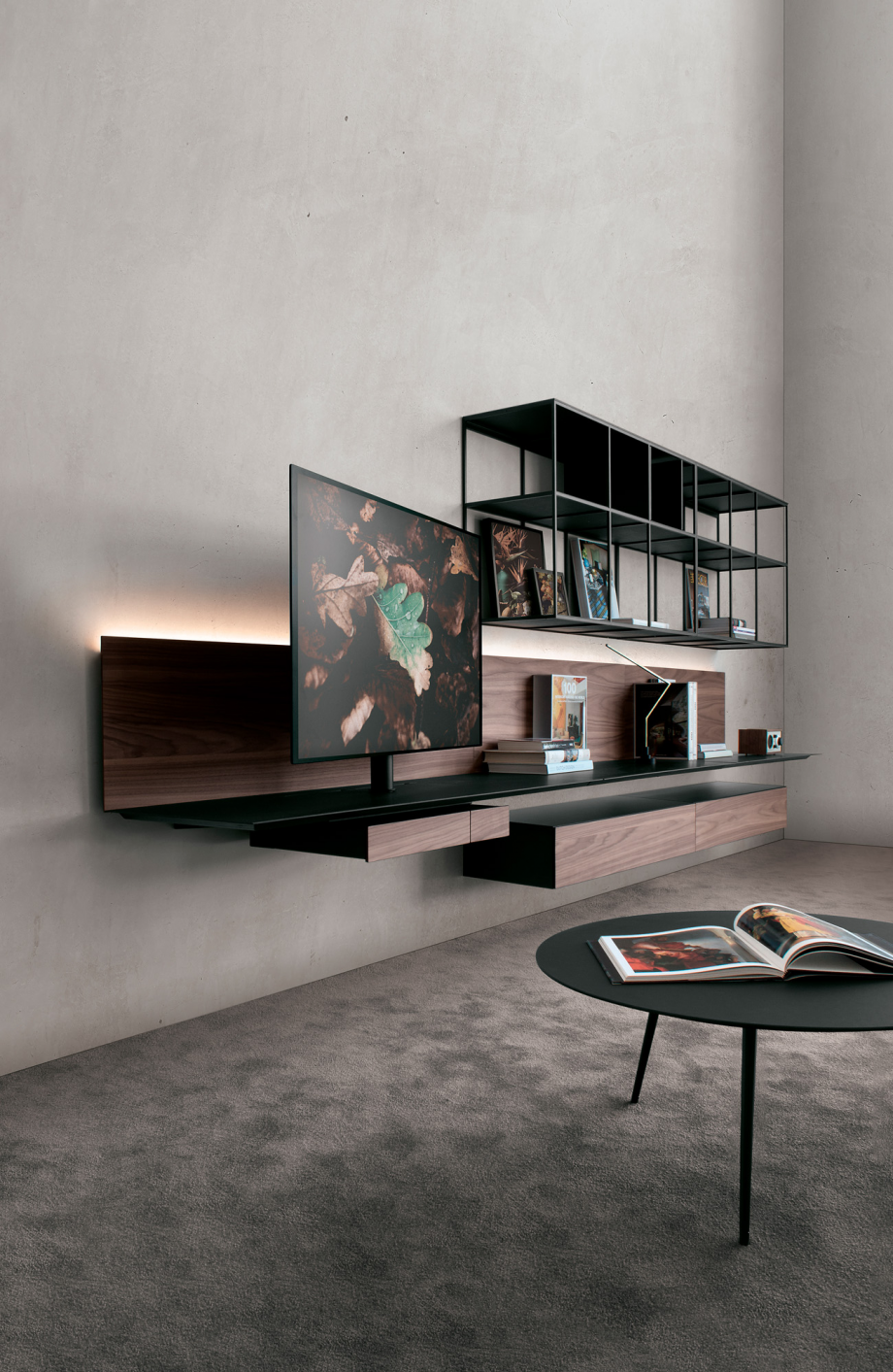Moble Tv Atelier AT11 i llibreria estil minimalista AT11 realitzat per Extendo. Vista de perfil